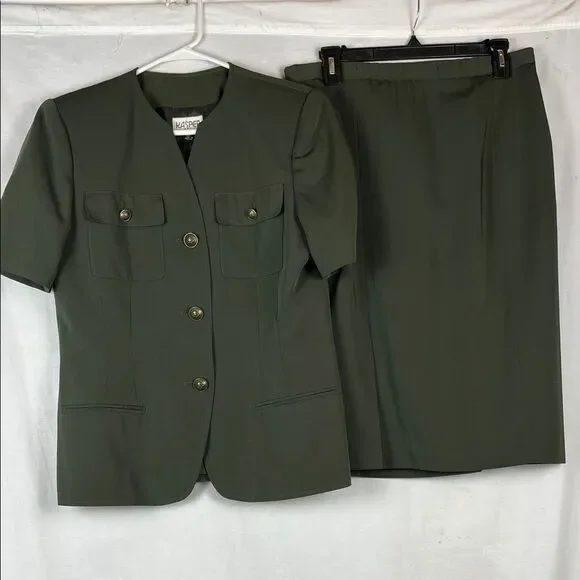 Vintage Kasper for ASL Dark Olive Green Military Style Women's Skirt Suit - Picture 1 of 10